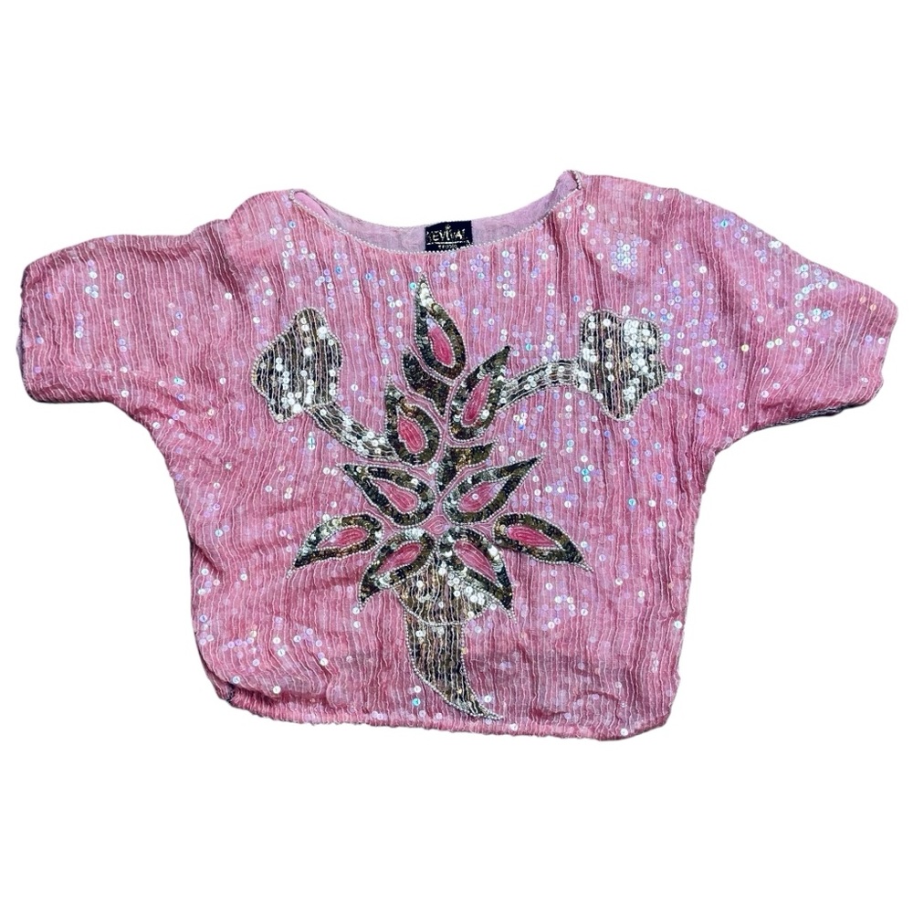 NWT Vintage Pink Revival Sequence Beaded Sparkly Silk Evening Top - M